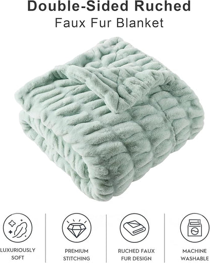 BATTILO HOME Luxury Faux Fur Throw Blanket for Couch, Super Soft Warm Cozy Plush Mink Blanket, Double Side Ruched Rabbit Fur Blanket for Bed, Sofa, Chair, 50"x60", Sage Green