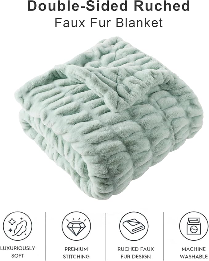 BATTILO HOME Faux Fur Throw Blanket for Couch, Super Soft Cozy Blanket, Double Side Ruched Rabbit Fur Blanket for Bed, Living Room, 60"x80", Sage Green