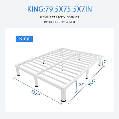 MAF 7 Inch King Metal Platform Bed Frame White with Round Corner Legs, Mattress Slide Stopper, 3000 LBS Heavy Duty Steel Slats Support, Noise Free, No Box Spring Needed, Easy Assembly