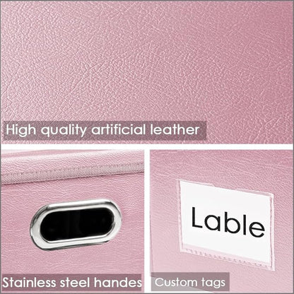 PRANDOM Large Stackable Storage Bins with Lids [5-Pack] Leather Fabric Foldable Storage Boxes Organizer Containers Baskets Cube with Cover for Bedroom Closet Office Nursery Pink (17.7x11.8x11.8)