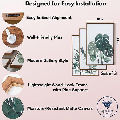 Sage Green Boho Framed Wall Art,16x24x1.38in 3Pcs, Neutral Botanical Canvas Prints, Monstera, Eucalyptus & Olive Leaf Decor, Floating Frames Included, Minimalist Art for Living Room, Bedroom