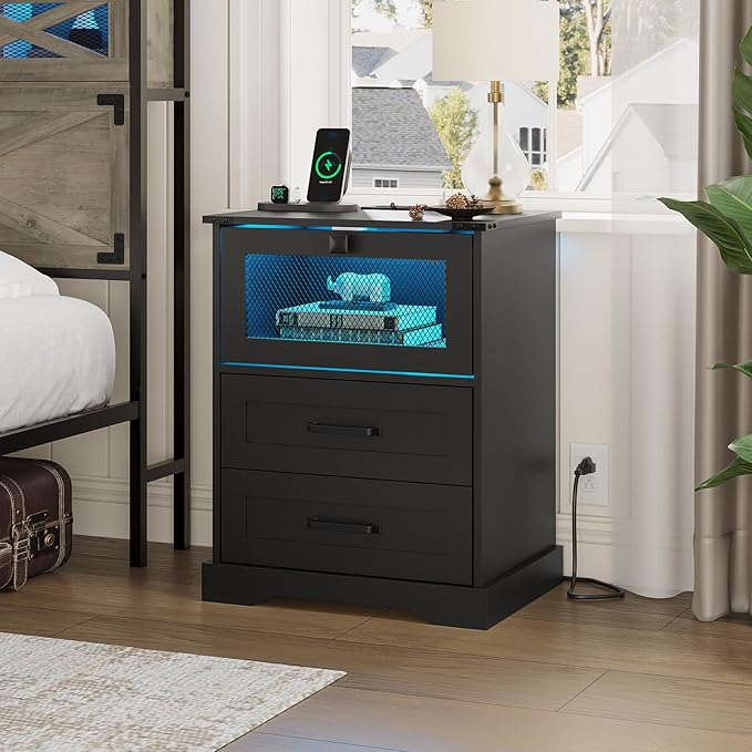 Hasuit Night Stand Set of 2 with Charging Station and LED Lights, Farmhouse Nightstand with 2 Drawers and Cubby with Wire Mesh Door, Black Bedside Table for Bedroom
