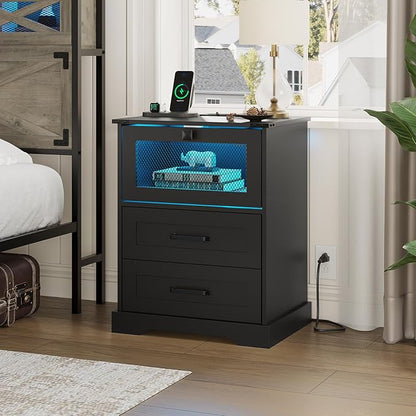 Hasuit Night Stand Set of 2 with Charging Station and LED Lights, Farmhouse Nightstand with 2 Drawers and Cubby with Wire Mesh Door, Black Bedside Table for Bedroom