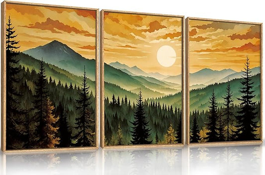 LHIUEM Large Boho Sunset Mountain Framed Canvas Wall Art,Retro Pine Tree Wall Decor,Nature Foggy Forest Wall Painting,Bohemian Landscape Artwork for Living Room,Bedroom,Dining Room,Office -24"x36"x3