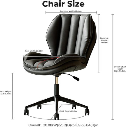 Home Office Desk Chair with Wheels, Armless Adjustable Height PU Leather Office Chair, Mid Back Ergonomic Computer Chair, Walnut Curved Seat Design No-Arm Chair (9008-Black)