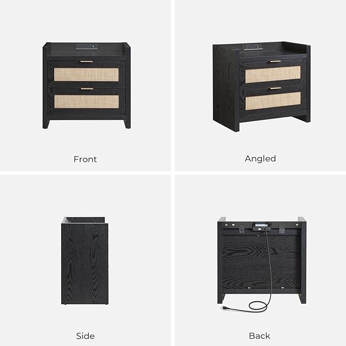 SICOTAS Night Stand Bedside Table - Rattan Nightstand End Table with Type-C Charging Station, 2 Drawers Storage Boho Night Stands for Bedroom - Black Oak