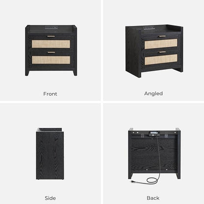 SICOTAS Night Stand Bedside Table - Rattan Nightstand End Table with Type-C Charging Station, 2 Drawers Storage Boho Night Stands for Bedroom - Black Oak