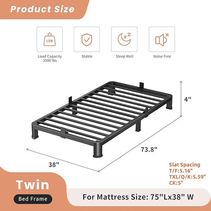 4 Inch Twin Heavy Duty 3500 lbs Bed Frame with Round-Corner Legs & Anti-Squeak Design – Quick Assembly Metal Platform, No Box Spring Needed