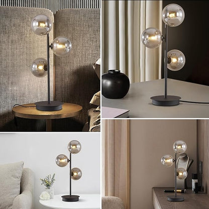 Mid Century Modern Table Lamp Smoky Grey Glass Globe Desk Lamp Industrial Vintage Bedside Table Light Contemporary Minimalist Metal Nightstand Reading Lamp Retro Table Lamp MTL03-SG