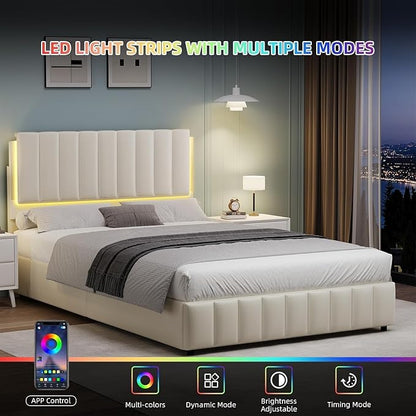 Queen Bed Frame with Headboard and LED Lights, Modern Upholstered Faux Leather Platform Bed with Wooden Slats Support, No Box Spring Needed, Easy Assembly, Cream