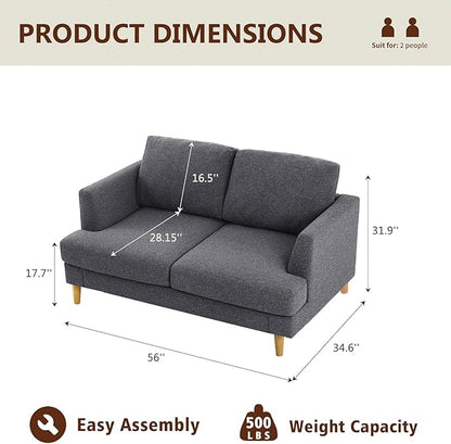 Loveseat Sofa 56", Small Couches for Small Spaces, Mid Century Love Seat Couches for Living Room, Upholstered 2-Seater Deep Couch for Bedroom, Apartment, Dark Grey