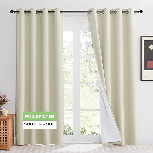 KGORGE Soundproof & Dust Particle Filtering Curtains 100% Blackout Window Cover Thermal Insulating Energy Smart Curtains for Living Room Bedroom Baby Nursery, W 52 x L 108 inches, Cream Beige, 1 Pair