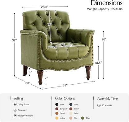 HULALA HOME Mid Century Modern Leather Club Chairs Set of 2, Top-Grain Genuine Leather Armchairs with Button-Tufted Back & Solid Wood Legs, Accent Chairs for Living Room/Bedroom/Home Office, Olive