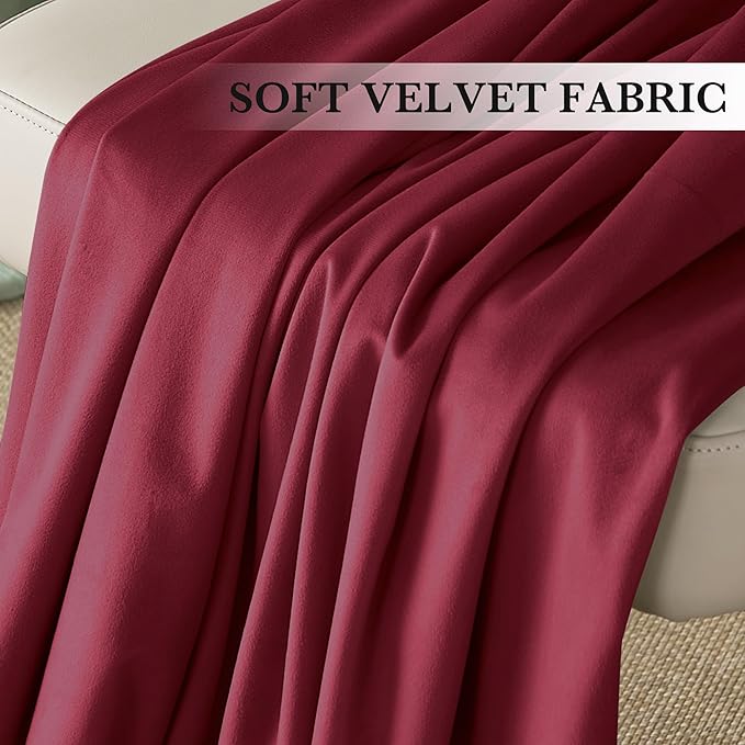 RYB HOME Burgundy Red Velvet Curtains for Christmas Decor, Soft Luxury Backdrops for Studio Theater, Back Tab Design for Bedroom Living Room, 52" W x L92 L, 2 Panels Set