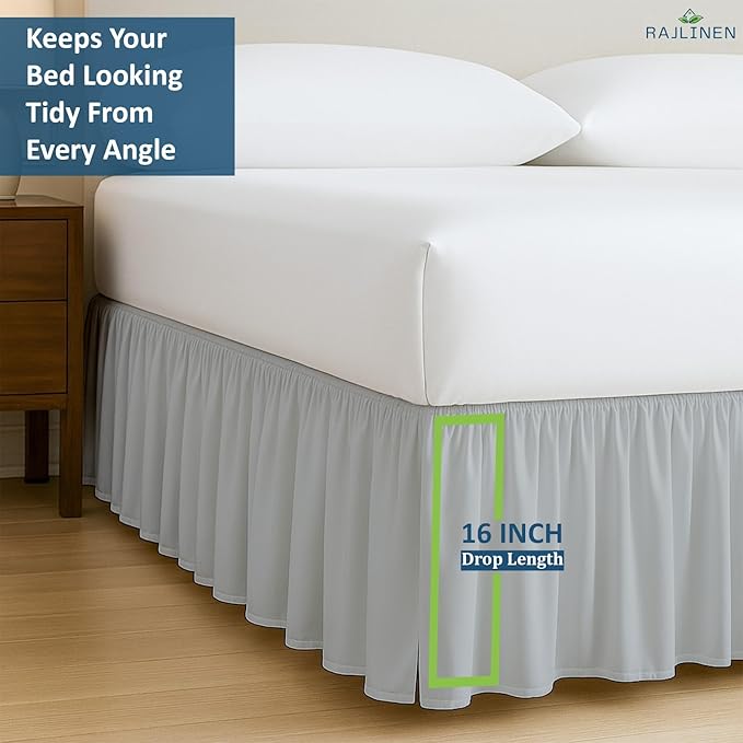 Rajlinen Ruffled Bed Skirt Twin XL, 16 Inch Drop Dust Ruffle with Split Corners, 100% Microfiber Bedskirt with Platform, Three-Sided Coverage Ruffled Gathering Design, Light Grey