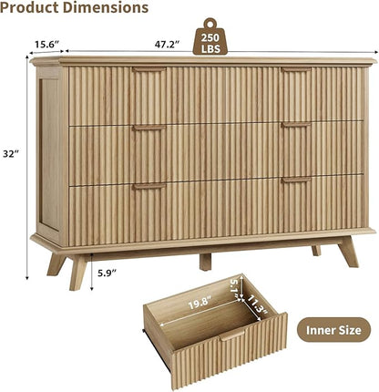 QUW Modern Fluted Dresser for Bedroom with 6 Drawers,47.2" Wood Closet Organizers and Storage,Wide 6 Drawer Dresser with Metal Handle,Hallway,Living Room(Natural Oak)