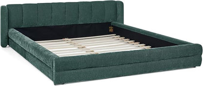 DEINPPA Queen Size Bed Frame with Cloud Soft Headboard, Chenille Upholstered Grounded Wood Base Bed Frame, No Box Spring Needed-Blue+Green