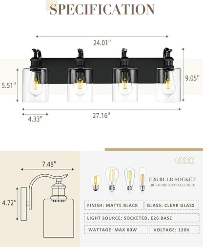 4-Light Black Bathroom Light Fixture Over Mirror, Modern Vanity Light, Clear Glass Wall Sconce, VL01BK-4