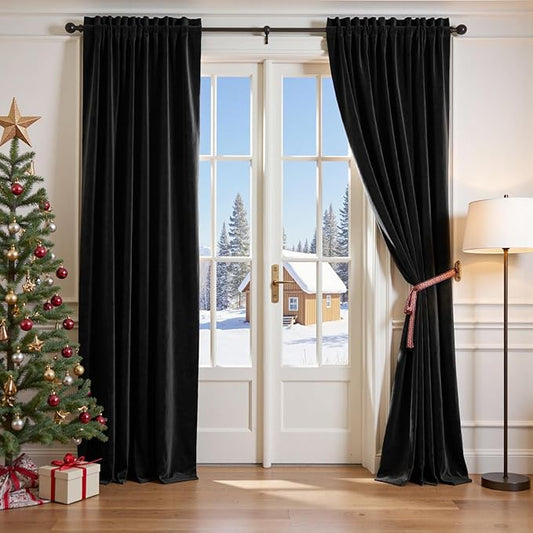 Lazzzy Velvet Blackout Curtains Thermal Insulated Room Window Drapes Super Soft Luxury Curtains for Living Room Bedroom Rod Pocket 2 Panels, Black, 52" W x 90" L