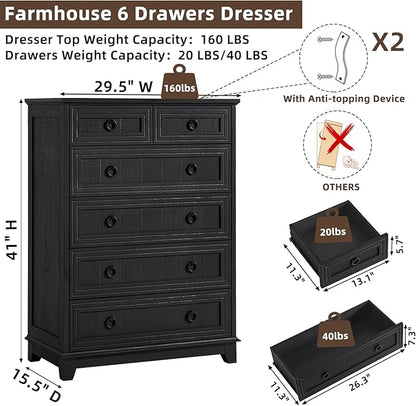 Farmhouse 6 Drawer Dresser for Bedroom Set of 2, 41" Tall Small Dressers & Chest of Drawers, Rustic Wood Dresser with Metal Handle, Storage Organizer Closet for Living Room, Hallway, Entryway
