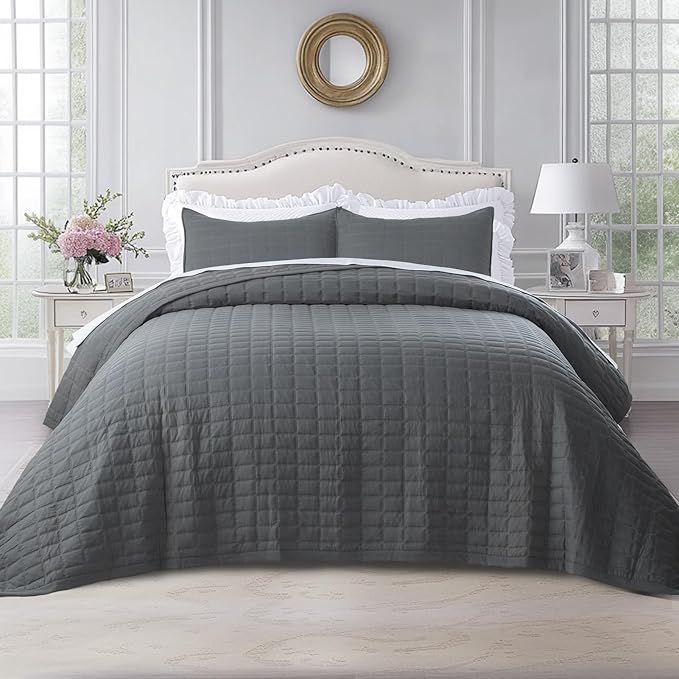 KASENTEX Queen XL Quilt Set 98"x98" – Soft Washed 3-Layer Lightweight Bedspread, Minimalist Nordic Design, All-Season Spring & Summer Quilt Set (1 Quilt + 2 Pillow Shams), Dark Grey