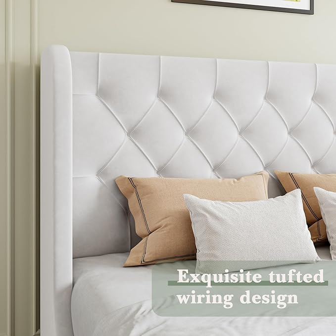 HOMBCK Full Size Bed Frame, White Upholstered Platform Bed Frame with Headboard, Velvet Tufted, Curved Wingback Design, Wooden Slats, No Box Spring, Noise Free, Easy Assembly