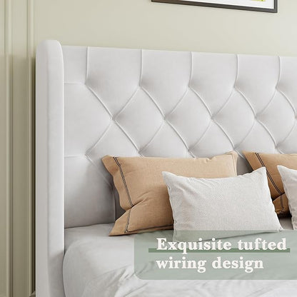 HOMBCK Full Size Bed Frame, White Upholstered Platform Bed Frame with Headboard, Velvet Tufted, Curved Wingback Design, Wooden Slats, No Box Spring, Noise Free, Easy Assembly