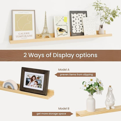 Picture Ledge Shelf, Floating Shelves Set of 2, 32 Inches Solid Wood Nursery Book Shelves for Toys Storage, Kids Bookshelf Wall Mounted for Living Room Decor Books Photo Frames, Unfinished Natural