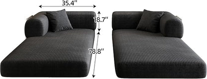 79" Convertible Sofa Bed, Corduroy Folding Pull Out Couch with Pillows, No Assembly Modern Boneless Couch Compression Sofa in Box, Floor Sofa with Support Rods for Living Room,Black