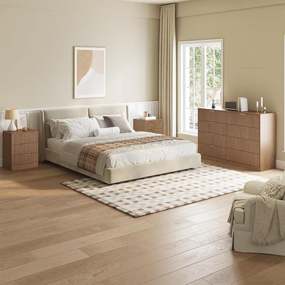 8 Drawer Dresser & 3 Drawer Nightstand Set 3-Piece, Tall Fluted Dresser and Night Stand Set of 2 w/Metal Handle, Modern Wood Chest of Drawers Storage Dressers Set for Bedroom, Natural Wood