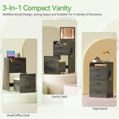 HNEBC HNEBCVanity Desk with Plip Top LED Mirror,3 in 1 Small Dressing Table Set with Visible Glass Desktop,Rustic Oaky Compact Vanity with 3 Drawers,Storage Compartment and Padded Stool,for Bedroom