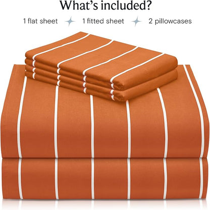 LuxClub 4 PC Sheet Set Bed Sheets Deep Pockets 16" Wrinkle Free Cooling Machine Washable Hotel Bedding Silky Soft - Striped-Autumn Orange California King
