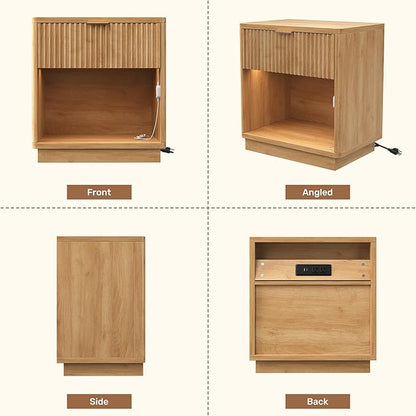 Miereirl Fluted Nightstands Set of 2 with Charging Station, LED Nightstand with Rounded Edge, 22" W Farmhouse Nightstand for Bedroom, Natural Oak