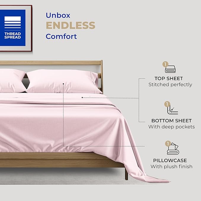 THREAD SPREAD 400 Thread Count Twin Cotton Sheets - 3 PC Twin Size Bed Sheet Set Cotton (Blush), Soft, Cooling, Sateen Weave Hotel-Quality 16" Deep Pocket Bedsheet for Hot Sleepers (Fits 18" Mattress)