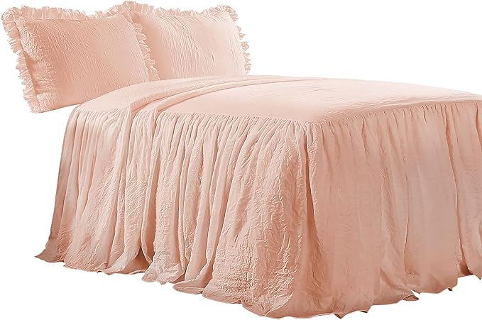 Lush Decor Ruffle Skirt Bedspread Set - 3-Piece Luxurious Farmhouse Bedding - Elegant Ruffle Detail - Timeless Style - Soft Lightweight Sheets - Full, Blush
