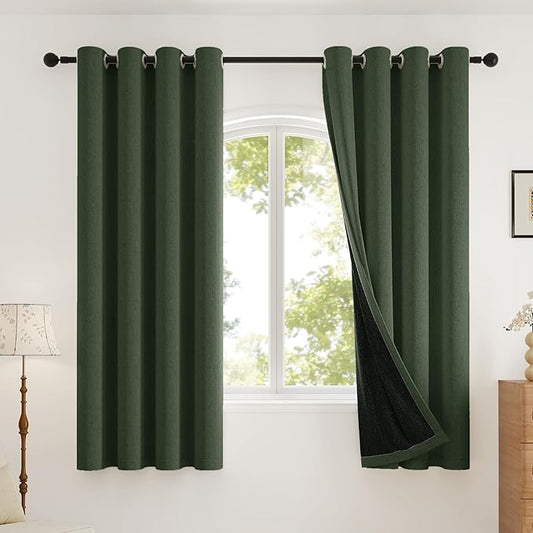 100% Blackout Curtains Thick Soft Curtain 2 Panels Set for Small Bedrooms/Children's Rooms, Linen-Look Textured Full Light Blocking Room Darkening Thermal Insulated Drapes (W52xL54, Olive)