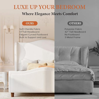 koorlian Queen Bed Frame Chenille Fully Upholstered Bed with Headboard and Footboard, 51" High Deep Tufted Wingback Sleigh Upholstered Platform Bed, Modern Retro Minimalist Style, Easy Assembly, Cream