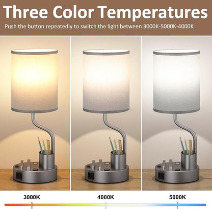 Grey Bedside Table Lamps for Bedroom Set of 2 - Nightstand Light with AC Outlet and USB A & C for Charging, 3 Color Temperatures Desk Lamp with Pen Holder & Phone Stand for Living Room/Dorm/Office