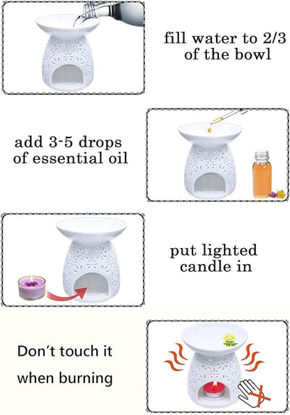 Ceramic Tea Light Holder, Aromatherapy Oil Burner, Wax Warmer, Tealight Holder with White Floral Pattern for Valentine's Day Gift