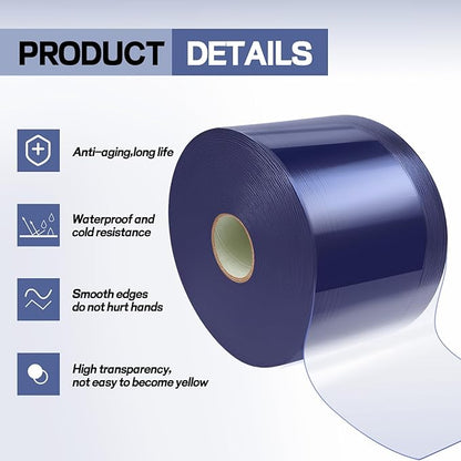 Moukeren Plastic Door Curtain for Winter 200 ft x 8 Inch Thermal Insulated Garage Door Strip Curtains Smooth Waterproof Clear PVC Strip Curtain for Warehouse Freezer, 0.08" Thickness(Classic)