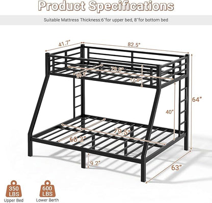 Twin XL Over Queen Bunk Bed Frame, Heavy Duty Metal Loft Bed for Adults/Teens, 350/600LB Capacity w/Ladder & Guardrail, Noise-Free Steel Slats, No Box Spring Required, Black