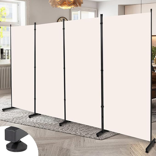 Room Divider Folding Privacy Screens with Wheels, 6FT Tall Divider for Room Separation, Movable Room Partitons and Dividers, Indoor Room Dividers Panel with Fabric (Beige, 4 Panel-136‘’-Round Pad)