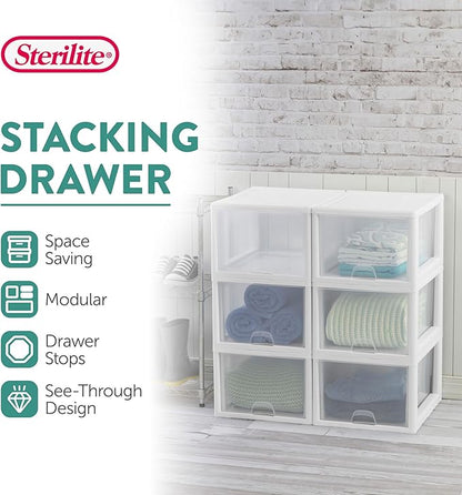 Sterilite 8-Pack 27 Quart Stacking Drawer, Clear Storage Closet Organizer, White Frame - Stackable Modular Plastic Drawers for Clothes, Accessories, Craft Supplies, Shoes or Linens