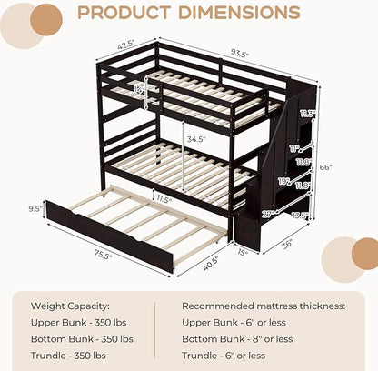 KOTEK Twin Over Twin Bunk Bed with Trundle and Stairs, Solid Wood Bunk Bed Frame with Storage Shelf, Bunk Beds Detachable into 2 Platform Beds for Kids Teens Adults (Espresso)