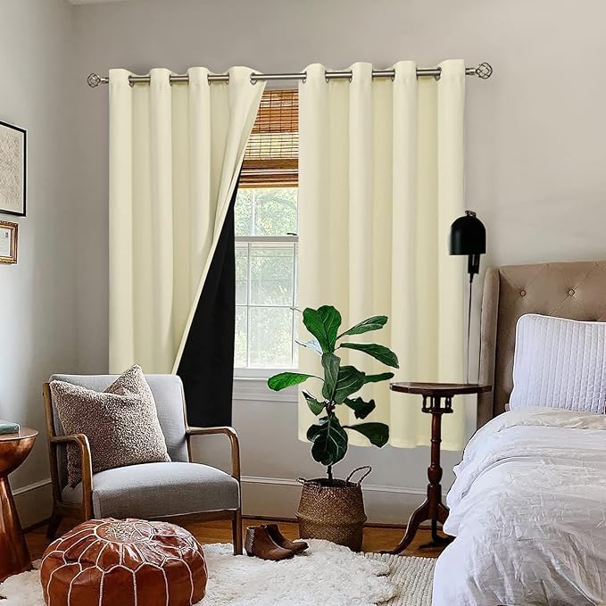 BGment Thermal Insulated 100% Blackout Curtains 69 Inch Length 2 Panels, Total Light Blocking Curtains for Bedroom, Grommet Window Drapes with Thick Black Liner, 55 Inch Wide Each Panel, Cream