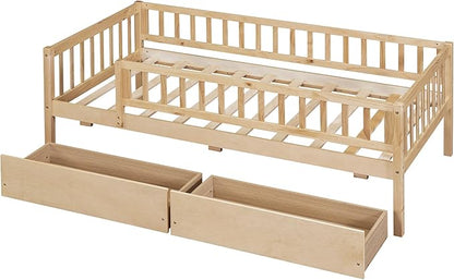 Bellemave Twin Bed Frames with Rails for Kids, Twin daybed Frame with Drawers for Boys/Girls/Adults， Natural