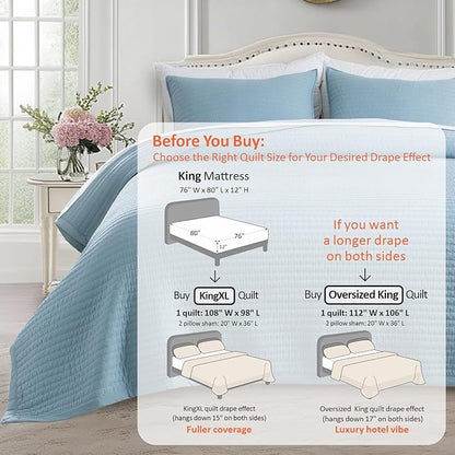 KASENTEX King XL Quilt Set 108"x98" – Soft Washed 3-Layer Lightweight Bedspread, Minimalist Nordic Design, All-Season Spring & Summer Quilt Set (1 Quilt + 2 Pillow Shams), Blue