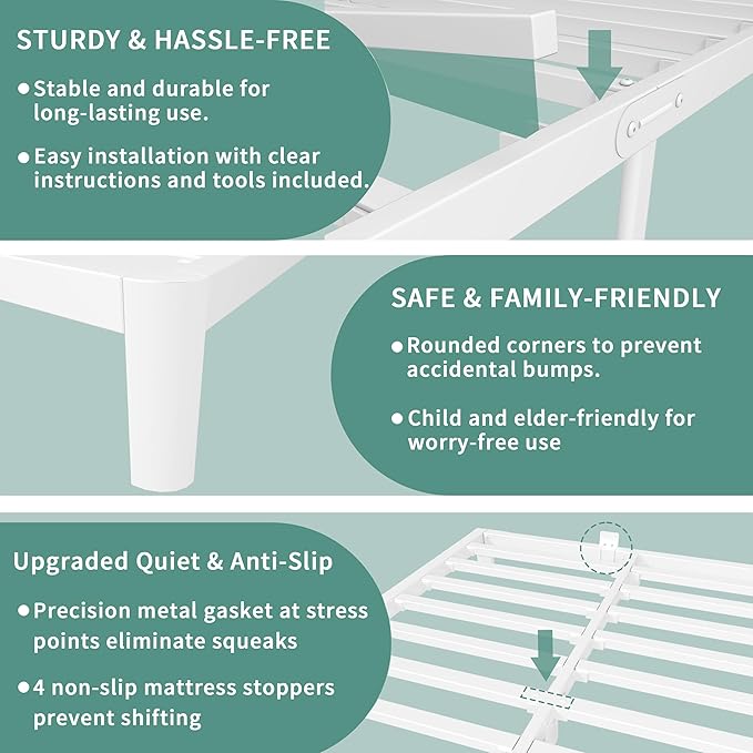 ITIMIDI 4 Inch White King Size Bed Frame, Metal Platform Bed Frames with Metal Gaskets, Heavy Duty Steel Support 3000 LBS, No Box Spring Needed, Anti-Slip Mattress Stopper, Easy Assembly