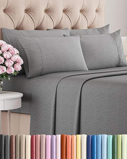 Queen 6 Piece Sheet Set - Cooling & Breathable - Hotel Luxury Bedding, Includes Fitted Sheet for Women, Men, Kids & Teens - 1 Flat, 1 Fitted Sheet, 4 Pillowcases w/Deep Pockets - Heathered Grey