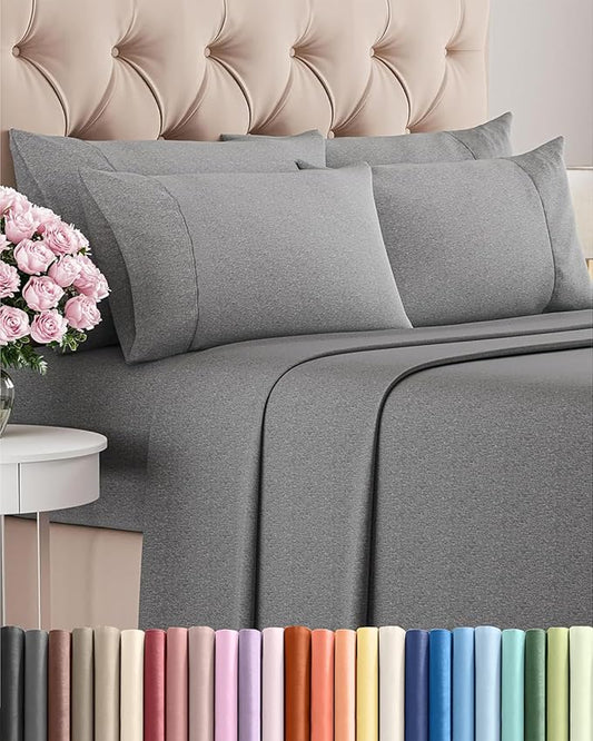 Queen 6 Piece Sheet Set - Cooling & Breathable - Hotel Luxury Bedding, Includes Fitted Sheet for Women, Men, Kids & Teens - 1 Flat, 1 Fitted Sheet, 4 Pillowcases w/Deep Pockets - Heathered Grey